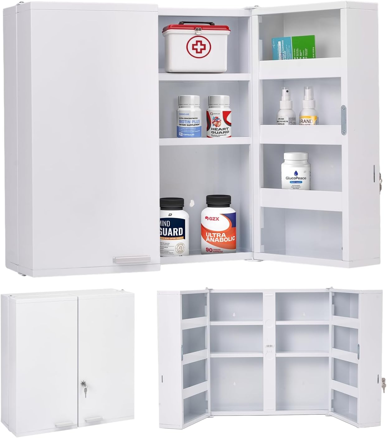 Medicine Cabinet Lock - 大型ロック式薬箱、11段、金属製、壁掛け式 | 十分な医療用保管庫、あらゆるアイテムが見えて届きやすい、2つの鍵でロック可能